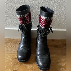 Amazing black leather and red/pink tweed Chanel combat boots